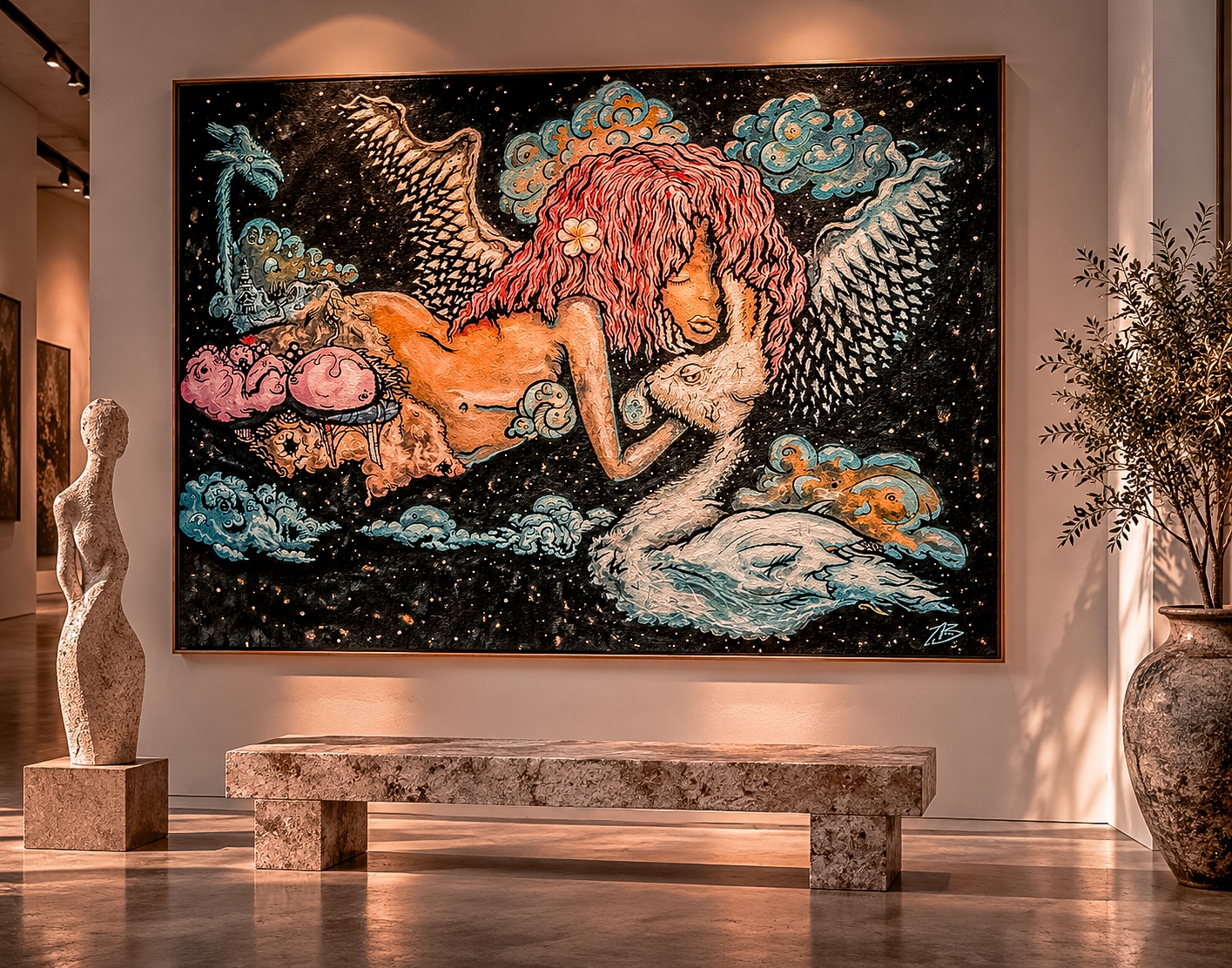 Surreal painting of a winged figure and swan among colorful clouds, displayed in an interior setting