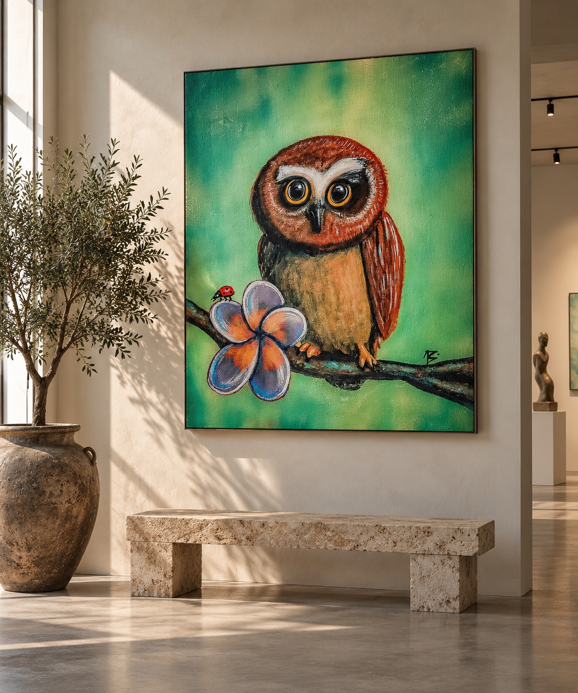 Owl, plumeria flower, and ladybug painting against an emerald background, presented in a sunlit interior