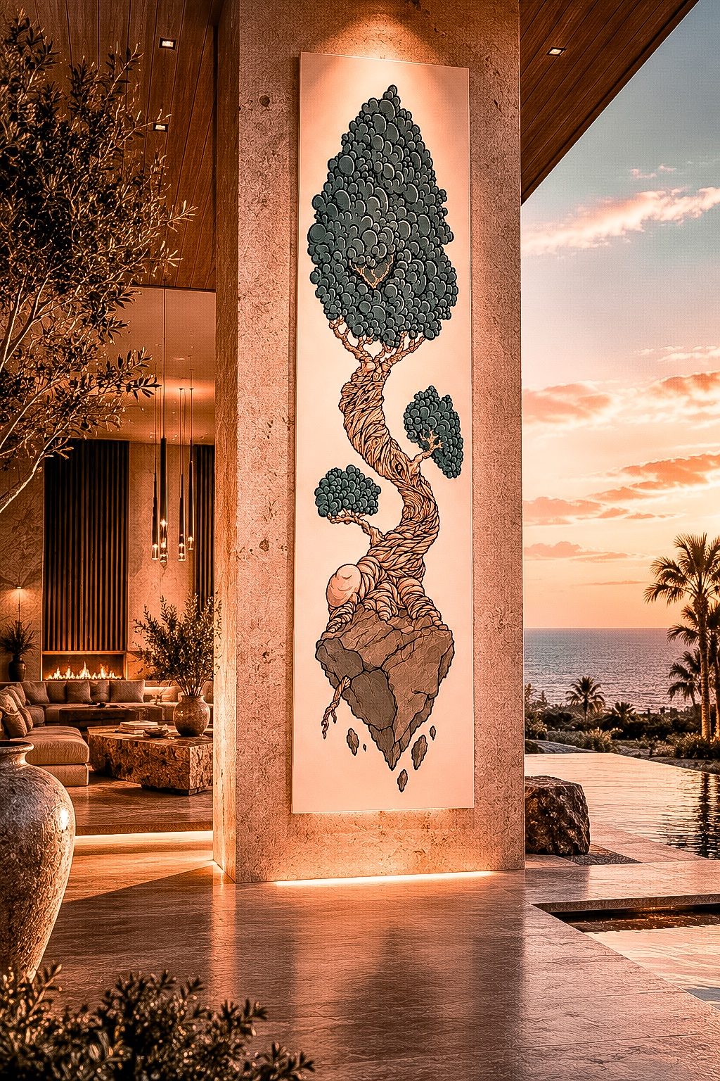 Tall twisting tree artwork presented in a warm coastal interior at sunset
