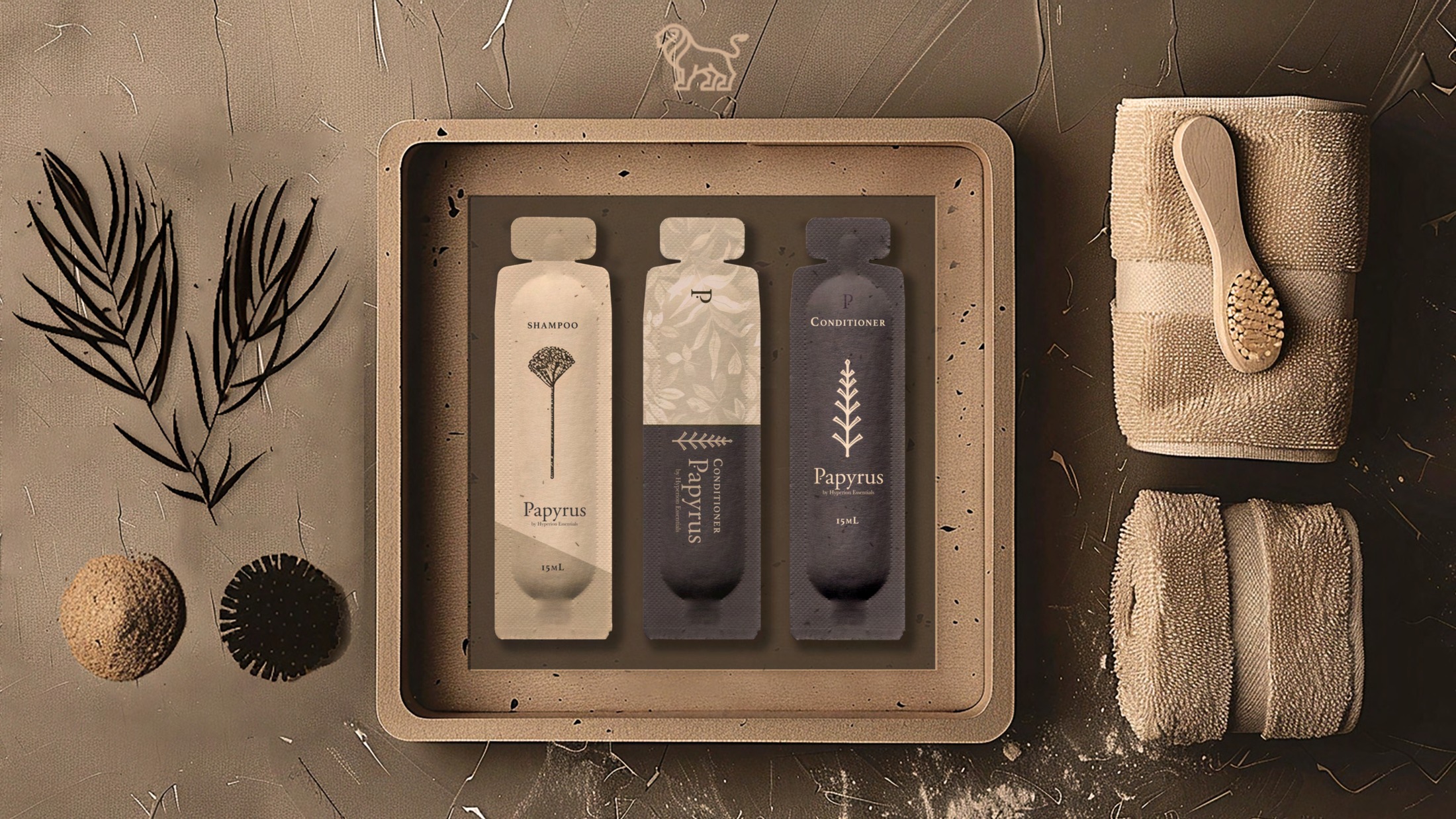 PAPYRUS packaging collection arranged with stone, botanical detailing, and bath accessories